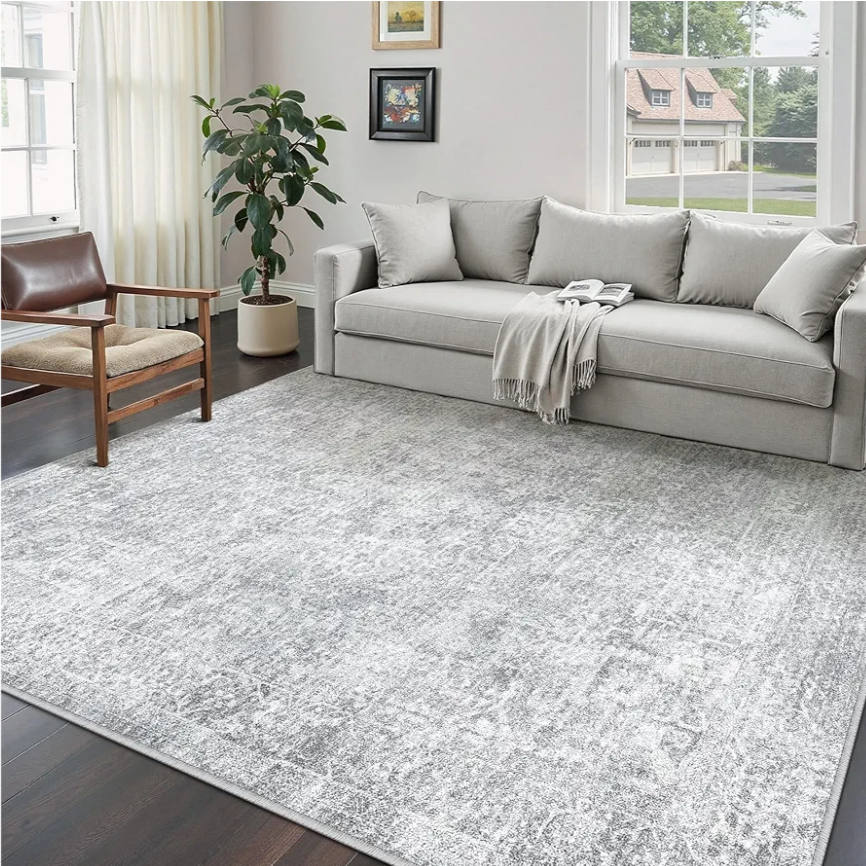 5x7 Area Rug Washable Vintage Living Room Carpet Large Indoor Non Slip Grey Bedroom Distressed Low Pile Retro Accent Throw Rug for Dining Room