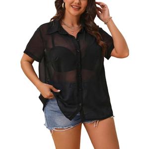 MakeMeChic Women's Plus Size Short Sleeve See Through Sheer Mesh Button Down Blouse Shirt Tops (XX-Large Plus, Black)