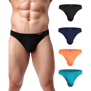 Avidlove Mens Bikini Underwear Low Rise Briefs Microfiber Underpants 4 Pack (Small, Black/2navy Blue/Orange/Blue)