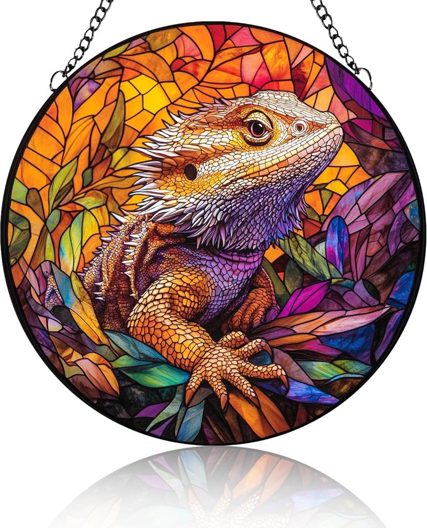 Bearded Dragon Stained Glass Suncatcher, Lizard Sun Catchers Colorful Glass Panel Cute Suncatcher Decor for Birthday for Women, Men, Wife, Aunt, and Mom 6.3in