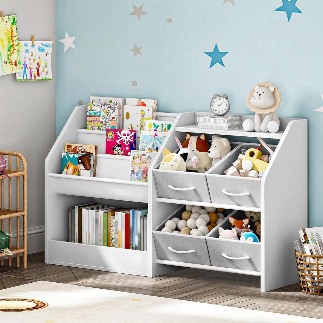 CHOEZON Kids Bookshelf with 3-Tier Oxford Fabric Slings and 4 Fabric Drawers, Toy Storage Organizer, Children's Bookcase, Toddler Bookshelf, for Kids' Room, Nursery, Bedroom, Playroom, White MCW19WB