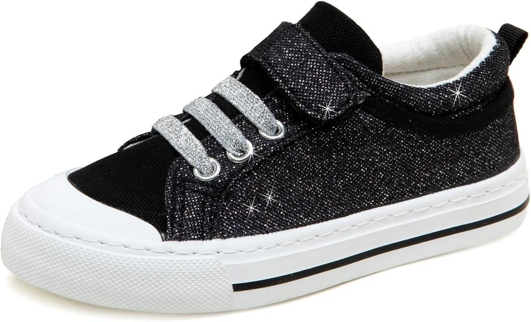 ToandonToddler Kids Sneakers Sparkle Fashion Glitter Sequins Canvas Shoes (12 Little Kid, Glitter Black With Buckle)