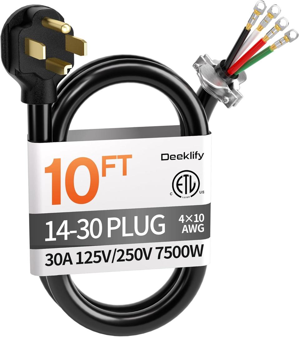 10 ft 4 Prong Dryer Cord, 30Amp 10 Gauge Dryer Power Cord Replacement, Pure Copper 4-Wire Dryer Cord with NEMA 14-30P Plug and O-Ring Terminals, 250V 7500W, ETL Listed, Black STW