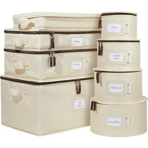 China Storage Hard Shell Containers 8-Piece Set Moving Boxes for Dinnerware, Glasses, Plates, Mugs and Saucers Sturdy Dish Organizer with Dividers for Seasonal Storage - Service for 12 - Beige
