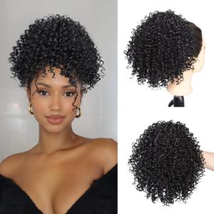 Short Curly Drawstring Ponytail Extension for Black Women Synthetic Short Afro Kinky Curly Black Ponytail Drawstring Extension Messy Bun Hair Piece Protective Style for Daily Party Use 10Inch 1B
