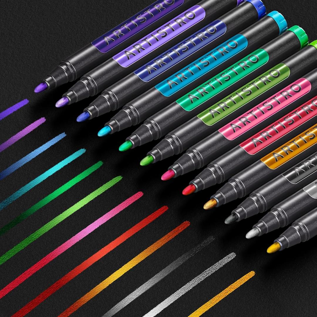 ARTISTRO 12 Metallic Markers, Medium Point Metallic Marker Pens for Wine Glasses, Rock Painting, Black Paper, Scrapbooking Crafts, Card Making, DIY Photo Album, Ceramic
