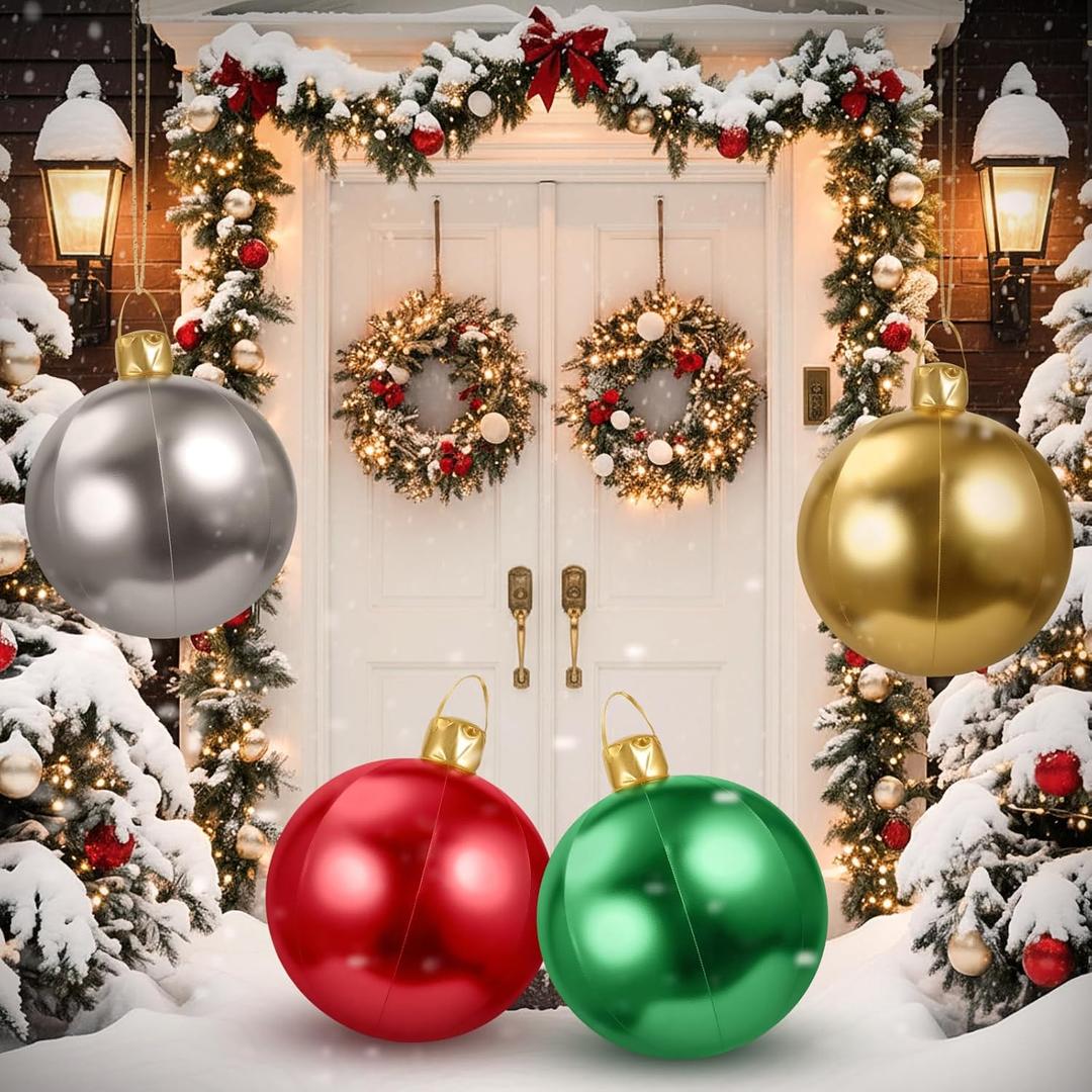 Jetec 4 Pcs 17" Christmas Inflatable Ball Ornament with Glitter Cloth Cover, Large PVC Xmas Blow up Ornaments Holiday Blow Ball for Yard Outdoor Lawn Porch Decorations (Round,Gold,Sliver,Red,Green)