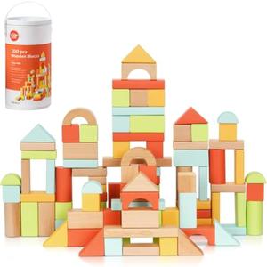 Pidoko Kids Building Blocks for Toddlers 1-3, Wooden Blocks for Kids with Storage Bucket and Shape Sorter Lid Montessori Toys for 1 2 3 Year Old, Learning Toys for Preschool Girls and Boys