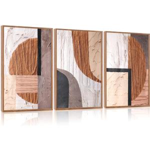 Aurlan Neutral Abstract Oval Rectangular Framed Wall Art(16"x24"), 3 PCS Minimalist Black Beige Brown Gray 3D Textured Canvas Artwork, Large Modern Geometric Illustration Art Wall Decor for Office Living Room Bedroom
