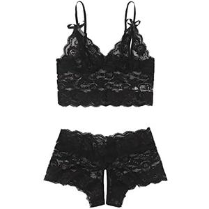 SweatyRocks Women's 2 Piece Lingerie Set Sheer Lace Cut Out Bra and Panty Teddy Lingerie, Black, XL