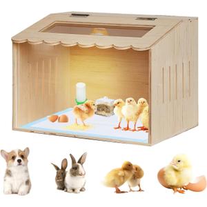 Wooden Chicken Brooder Box Kit with Heating Lamp, Thermometer, Food & Water Feeders, 15.7x11.8x11.8 Inch, Complete Small Pet Nursery Set with Ventilation, Digital Temperature Control