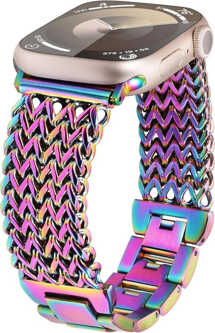 Minyee Compatible with Apple Watch Band 41/40/38/44/45/46/49/42mm Women, Dressy Stainless Steel Metal Adjustable Chain Strap Link Bracelet Wristband for iWatch Series 11 10 9 8 7 6 5 4 3 2 1 Ultra SE (Rainbow)