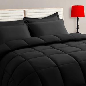 TAIMIT Queen Size Comforter Set - 7 Pieces, Bed in a Bag Bedding Sets with All Season Soft Quilted Warm Fluffy Reversible Comforter,Flat Sheet,Fitted Sheet,2 Pillow Shams,2 Pillowcases,Black
