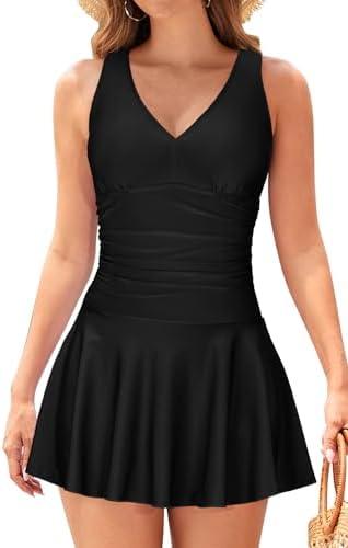 SHEKINI Women's Back Crisscross Swimdress Tummy Control One Piece Skirt Swimsuit, L SHEKINI Women's Back Crisscross Swimdress Tummy Control One Piece Skirt Swimsuit, L