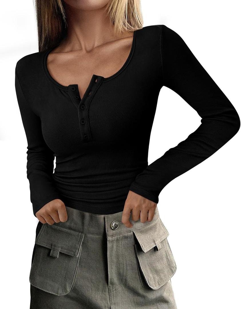 PRETTYGARDEN Women's 2026 Fall Long Sleeve Henley T Shirts Button Ribbed Knit Slim Fit Basic Tops Blouse Casual Outfits (Medium, Black)