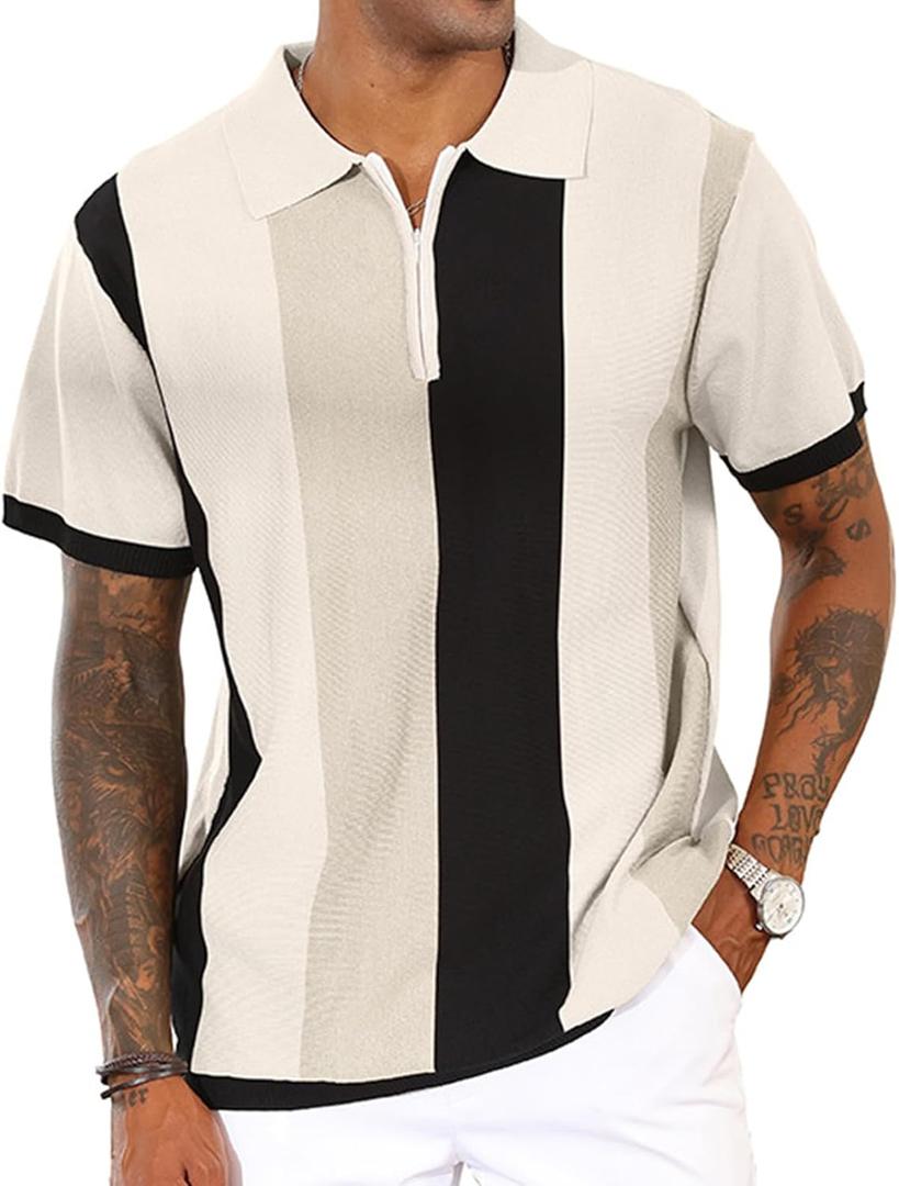 Men's Fashion Polo Shirts Vintage Striped Knitting Shirts Casual Slim Fit Golf Shirts (Large, White)