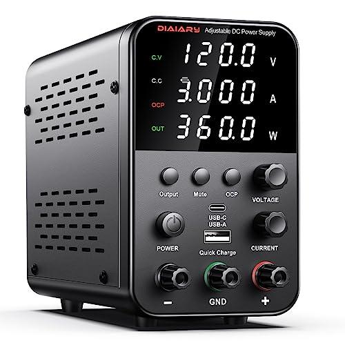 DC Power Supply Variable, 120V 3A Adjustable Switching Regulated DC Bench Power Supply with Intelligent Charging Mode, 18W USB Interface, Precision Encoder Knob (Black)