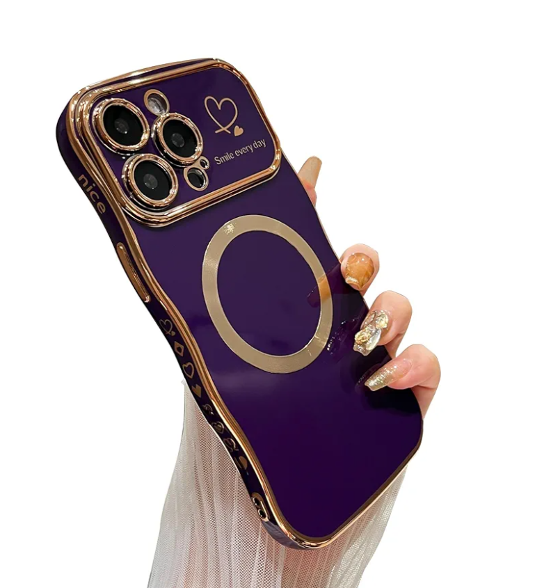 DEFBSC Magnetic Case for iPhone 14 Pro Work with Magsafe, Curly Wave Shape Plating Frame Cute Love Heart Cover, Full Camera Lens Protection Soft Durable TPU Shockproof Case, Dark Purple