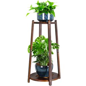 2 Tier Round Plants Stand Pedestal Indoor ,Wood Single Plant Shelf Corner,12 Inch Plant Pot Holder Rack ,Tall Flower Stands Shelves for Living Room Patio Balcony Outdoor,Rustic,Walnut