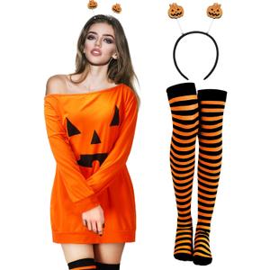Suhine Halloween Pumpkin Costume Women Adult 2025 Orange Pumpkin Dress Striped Tight Hair Hoop Accessories (Large)