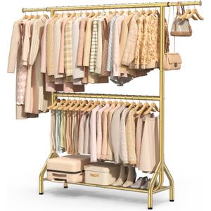 Double Rod Clothing Rack Load 622 LBS, Heavy Duty Clothes Rack for Hanging Clothes, 82.68 inch High Garment Rack with Storage Shelves, Metal Clothing Hanger Closet Wardrobe Organizer (Gold)