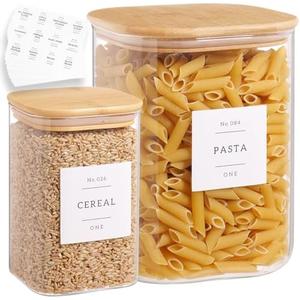 Glass Food Storage Containers with 132 Kitchen Pantry Labels, 110/37 oz Glass Flour and Sugar Containers with Airtight Lids, Large Square Glass Jars with Bamboo Lids for Rice, Pasta, Grains, Cookies