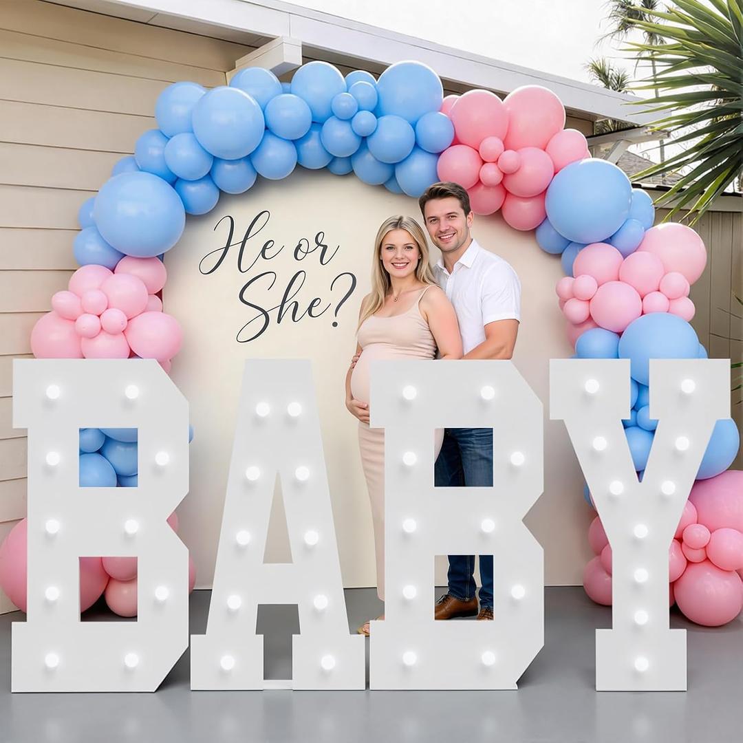 4FT Baby Marquee Letters, Baby shower Sign for Backdrop with Warm White Light, Large Decorations for Boy Girl Gender Rerval Party, DIY Frameless Foam Board, 4 PCS
