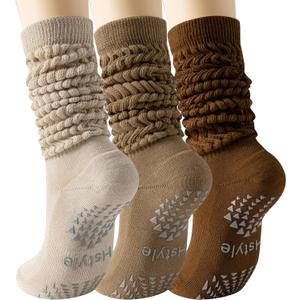 Hstyle Grip Pilates Socks for Women, Slouch Scrunch Yoga Barre Socks for Hospital Workout (One Size, 3 Pairs Maillard)