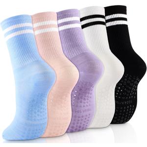 Cute Pilates Socks, Pilates Socks with Grips 5 Pairs for Women Non-slip Yoga Sock 7-9 for Barre Ballet Barefoot
