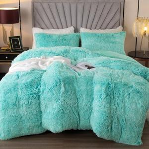 EMME Faux Fur Duvet Cover Queen Size, 3 Pieces Ultra Soft Fluffy Comforter Cover, Cozy Warm for Winter, Luxury Elegant Shaggy Bedding, 1 Duvet Cover & 2 Pillow Shams (Queen, Aqua)