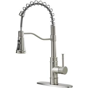 OWOFAN Kitchen Sink Faucets with Pull Down Sprayer Solid Brass Brushed Nickel Single Handle Single Hole Faucet for Farmhouse rv Utility bar Laundry Sinks