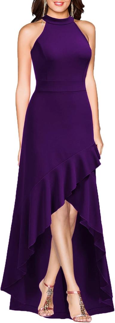 MUSHARE Women's Halter Neck Ruffle Split Bodycon Formal Evening Party Long Dress (Medium, Purple)