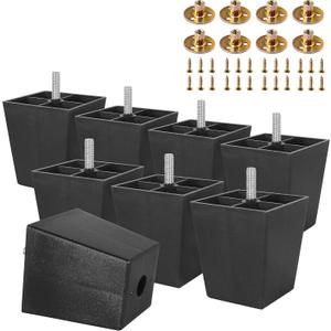 M8-1.25 Metric Thread Bolts Plastic Furniture Legs 3 Inch Black Square Sofa Feet with Plate Nuts - Couch Feet Replacement - Couch Legs Set of 8