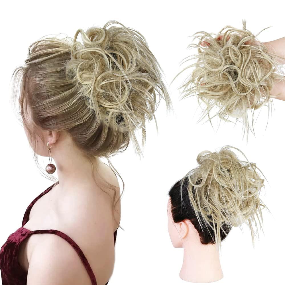 HMD Tousled Updo Messy Bun Hair Piece Hair Extension Ponytail With Elastic Rubber Band Updo Extensions Hairpiece Synthetic Hair Extensions Scrunchies Ponytail Hairpieces for Women (18t613#) (Ash Blonde Mix Bleach Blonde(18t613#))