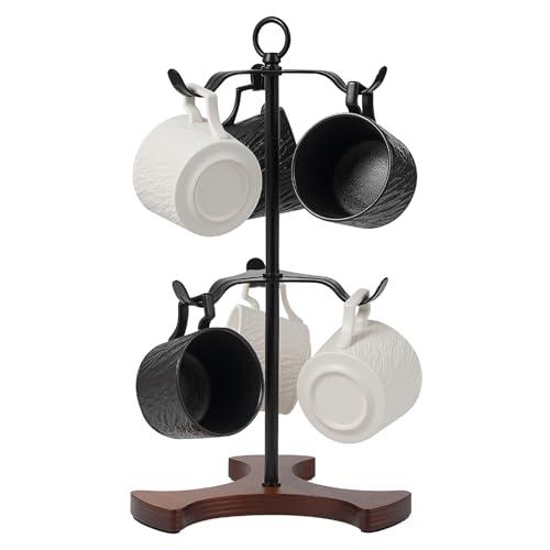 Mug Tree Y-Shaped, Coffee Mug Holder with Angled - Out Iron Hooks (No More Squeezing!), Solid Wood Base & Sturdy Iron Coffee Cup Rack, 6 Hook, Tools Included, Easy Install, Elevate Kitchen Nook Décor