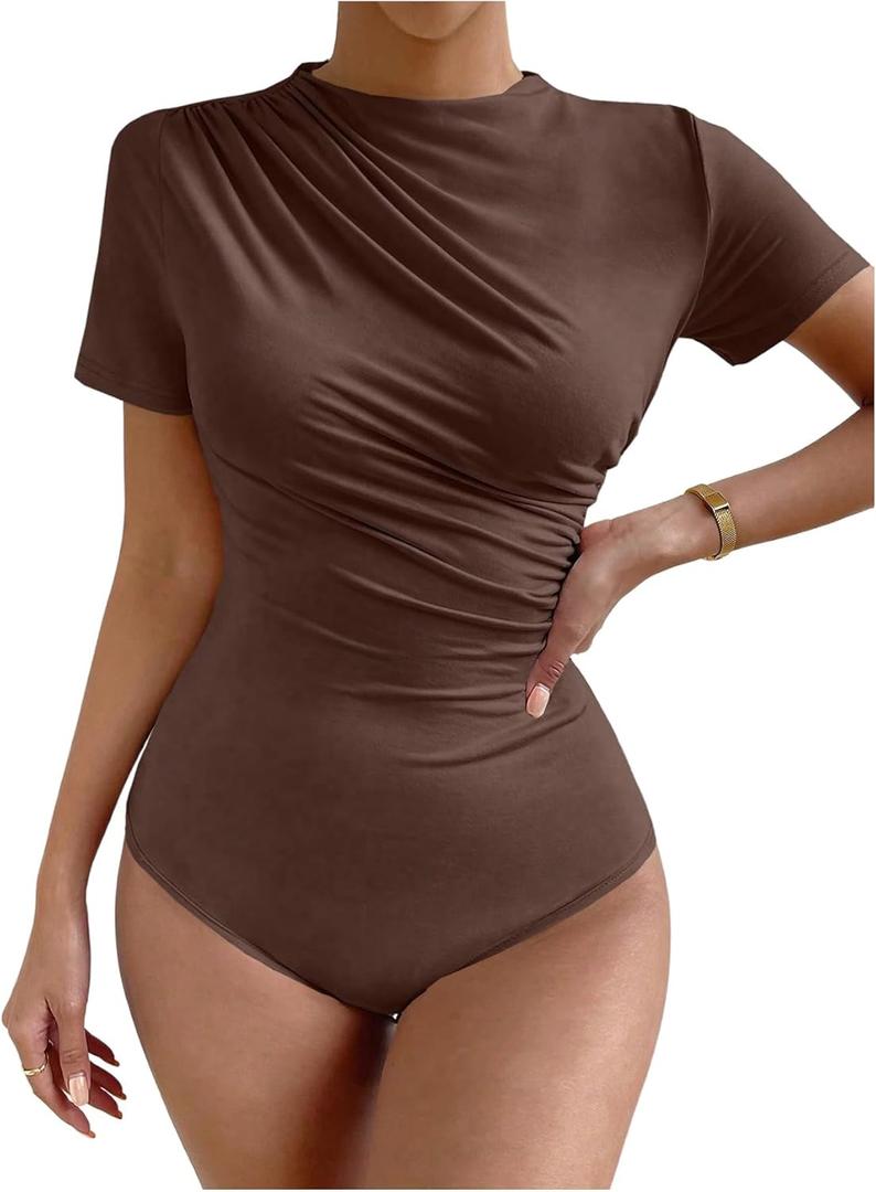 Milumia Women's Casual Ruched Mock Neck T Shirt Short Sleeve Tee Bodysuit Jumpsuit