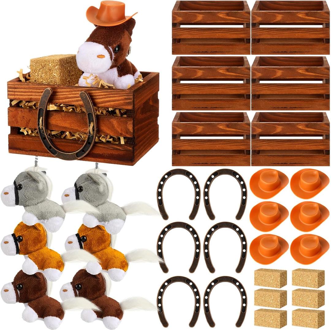 Amyhill 31 Pcs Western Party Supplies Cowboy Party Favors Horse Plush Mini Cowboy Hats Horseshoe Decor Hay Bales Rodeo Birthday Decorations Vintage Wood Crates Table Centerpieces for Wedding