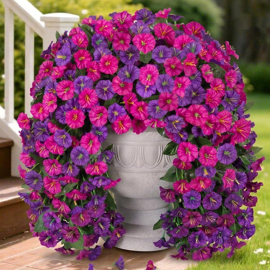 HyeFlora Artificial Fake Hanging Flowers Plants for Outdoor Outside, 2PCS Faux Silk Morning Glory Trailing Vines UV Resistant Look Real for Home Planter Porch Patio (Dark Purple and Fuchsia)