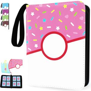 4 Pocket Card Binder 400 Card Holder Album, Pink Donut Trading Cards Holder Zipper Binder for Girl Teen Collection (Pink Donut, 400 Pocket)