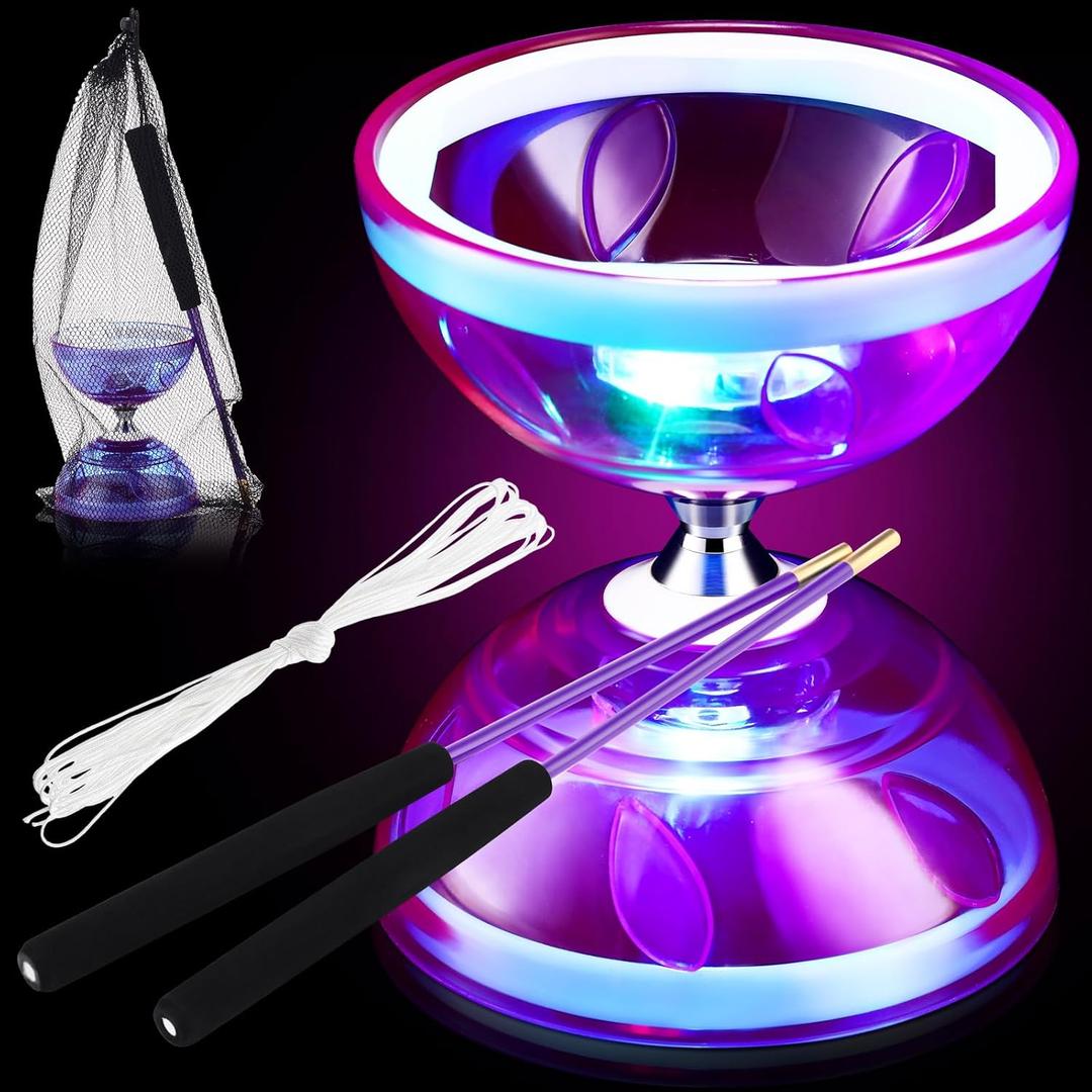 Chinese Yoyo LED Diabolo Set Includes Colorful Diabolo Toy Light up Professional Yoyo with 2 Pieces Sticks, 1 Piece String, 1 Net Bag for Fun(Purple)