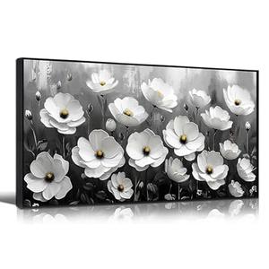 Large Black and White Flower Canvas Wall Art With Black Wood Frames for Living Room Bedroom Home Office Modern Canvas Prints Framed Canvas Wall Art Size 30x60