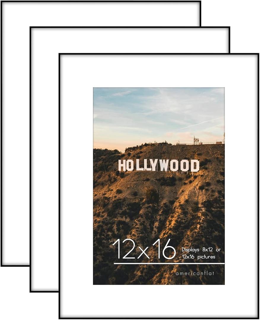 Americanflat Front Loading 12x16 Picture Frame with Shatter-Resistant Glass - Set of 3 - Use as 8x12 Frame with Mat - Metropolitan Collection - Photo Frames for Wall Display - Black