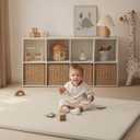 Blissful Diary Vegan Leather Baby Play Mat, 47x47 Thick Foam Cushioned & Waterproof Playpen Mat for Infants and Toddlers, Stylish and Just Wipe-Clean Playmat for Baby Play on Floor, Beige