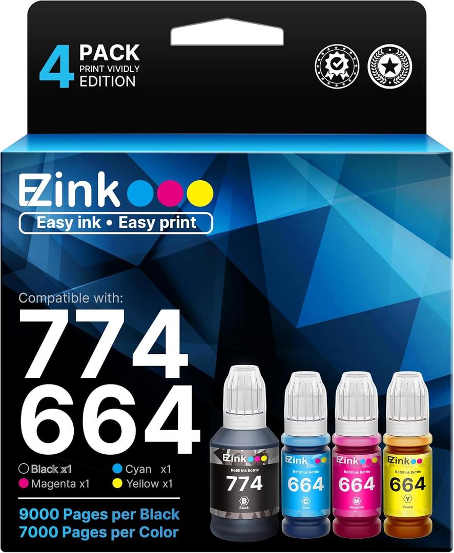 E-Z Ink 774 664 Ink Refill Bottles Replacement for Epson 664 Ink Refill Bottles 774 T774 to use with ET-2650, ET-16500, ET-4500, ET-2550, ET-3600, ET-2600 (Black, Cyan, Magenta, Yellow, 4 Pack)