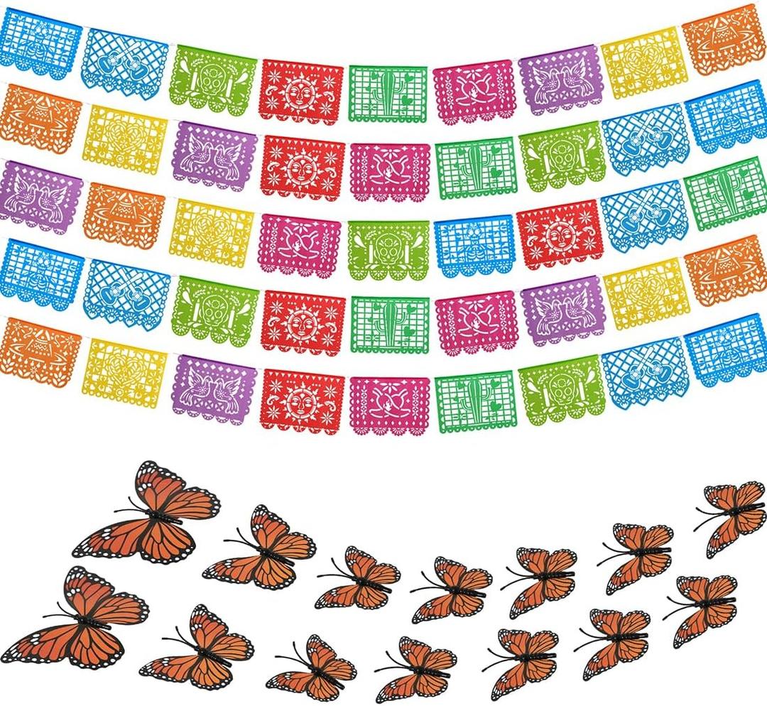 57Pcs Mexican Party Decorations, 90FT Papel Picado, Fiesta Party Decorations, Mexican Party Banners, Day of The Dead Decorations, Dia De Los Muertos Decorations with Butterfly