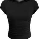 ZESICA Women's Summer Boat Neck Short Sleeve T Shirts 2026 Spring Slim Fit Y2k Going Out Crop Tops Basic Trendy Outfits (Black, S)
