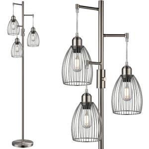 Nintiue Dimmable Floor Lamp, 3 x 800LM LED Edison Bulbs Included, Industrial Floor Lamp Standing Tree Lamp with Elegant Teardrop Cage Heads Tall Lamps for Living Room Bedroom-Brushed Nickel