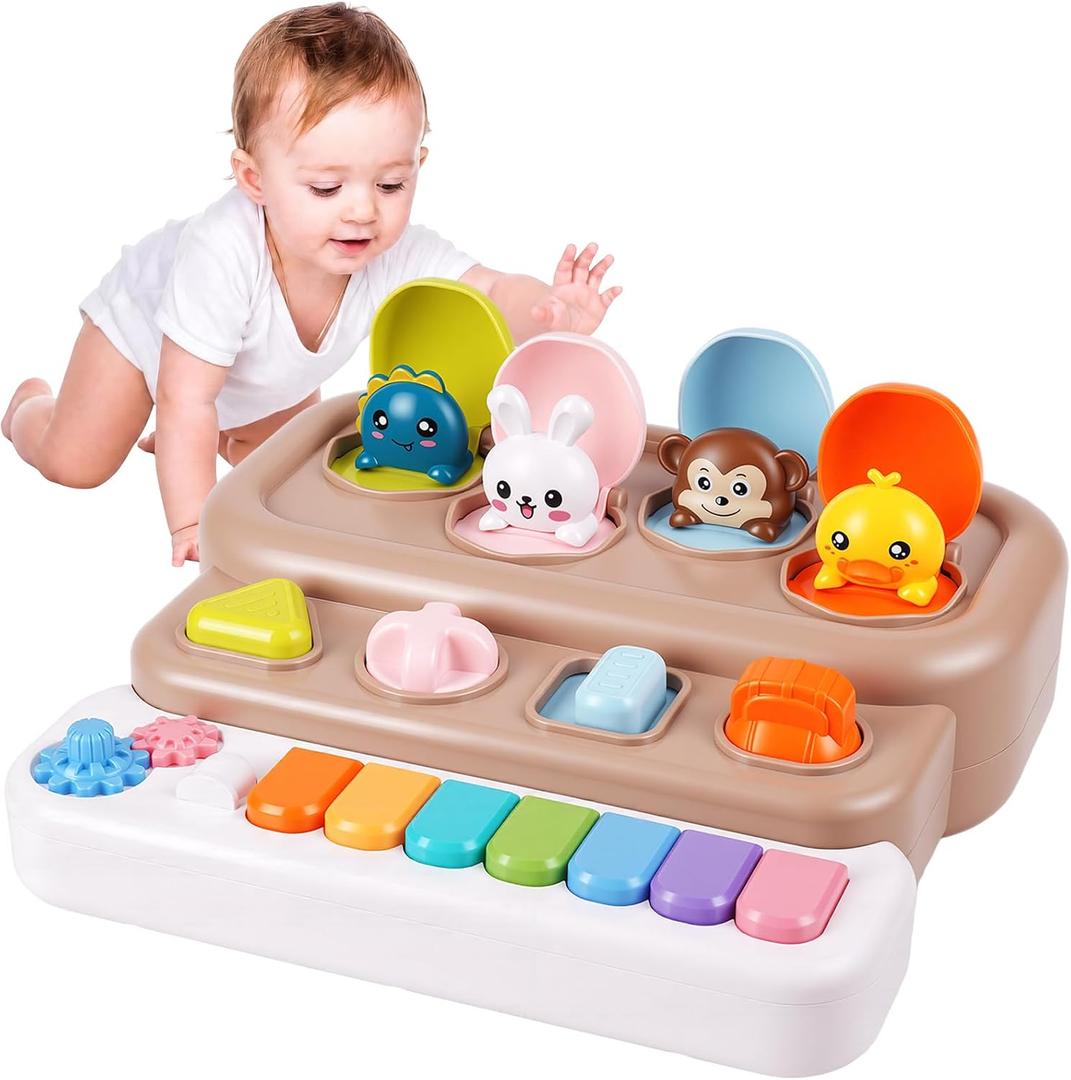 Interactive Pop Up Animal Toy with Piano Keys, Music & Lights, Montessori Cause and Effect Toys for 3+ Year Old, STEM Fine Motor Skills Baby Toy for Infants 6-12 Months, Toddler Birthday Gift