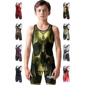 Exxact Sports Sublimated Adult & Youth Wrestling Singlet - Premium Powerlifting Singlet for Men & Boys, Unisex Singlets (Large, Skull)