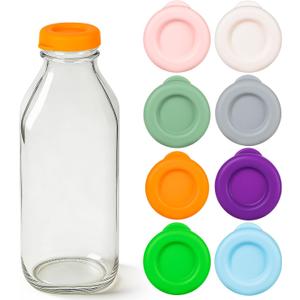 Glass Milk Bottle Caps,48mm Diameter Replacement Bottle Lid,Reusable Silicone Milk Bottle Lids Compatible with Stanpac, Libbey,Colored Caps Covers for Jars (8pc)